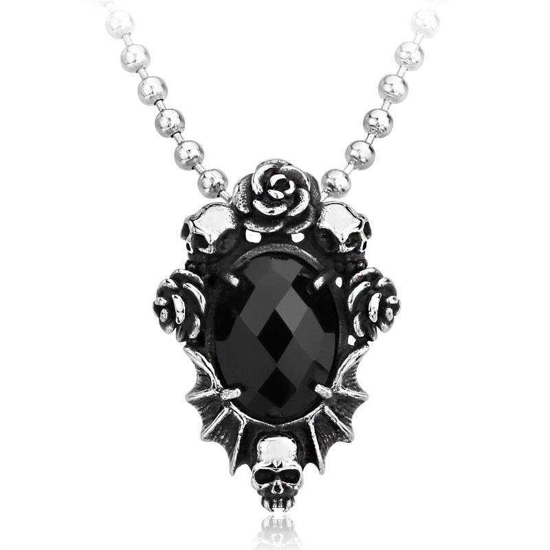 Black Crystal Floral Skull Necklace - Rebel Heat