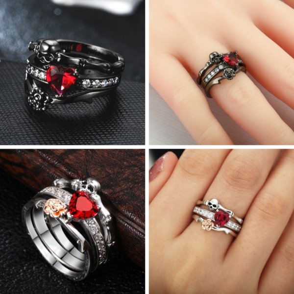 Red Heart Floral Skull Ring - Rebel Heat